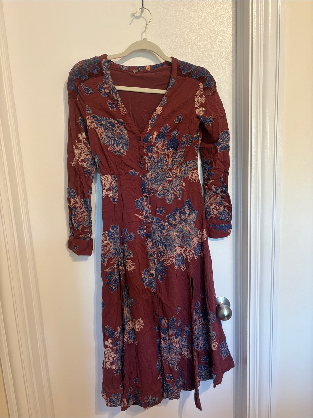 Free People Rust Floral V-Neck Midi Dress with Blue Accents